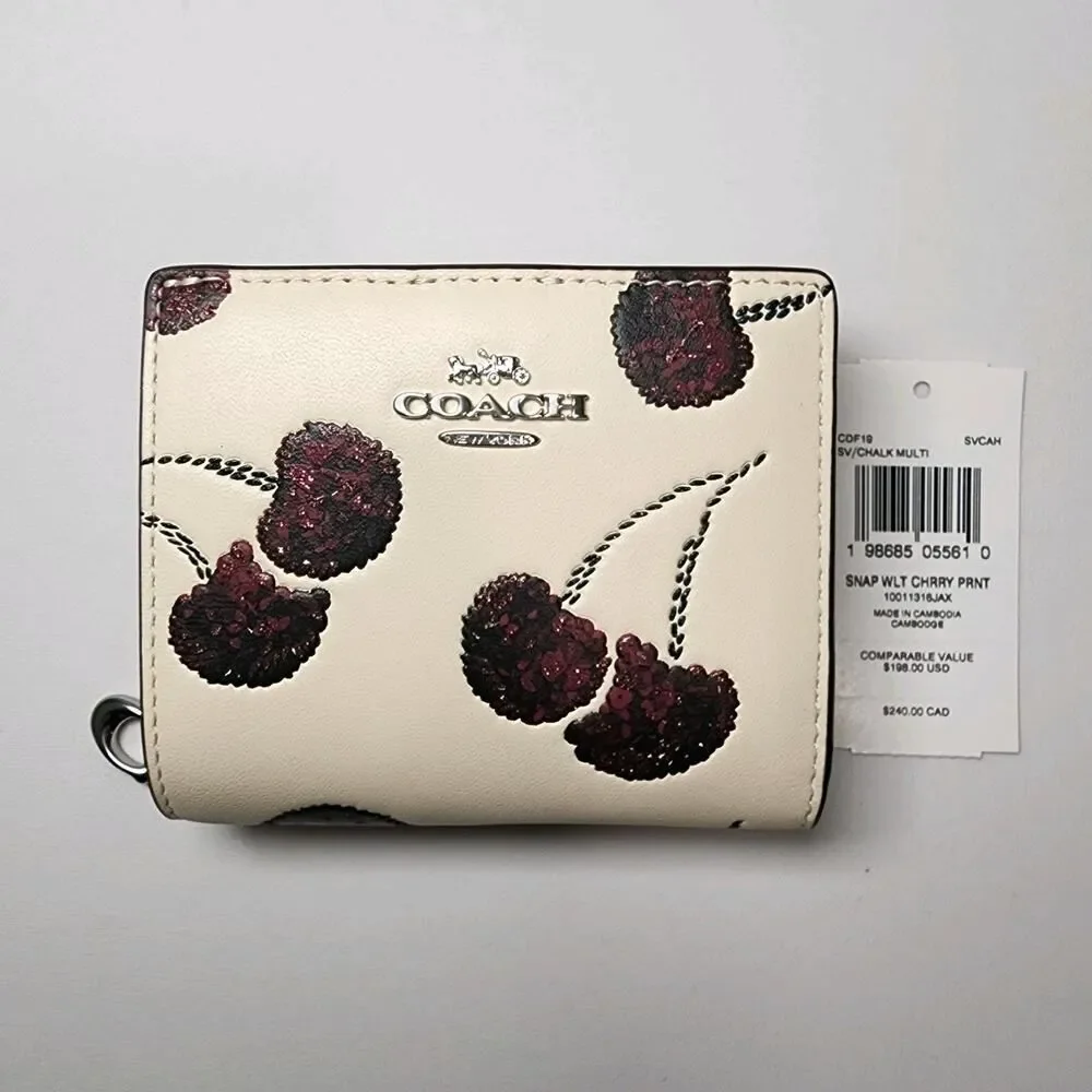 NWT Coach CDF19 Leather Snap Wallet w/ Cherry Print Chalk
